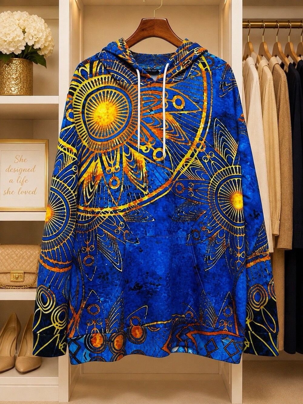 Xuan Ying Collection XL Blue Orange Abstract Art Print Hoodie Pullover Top